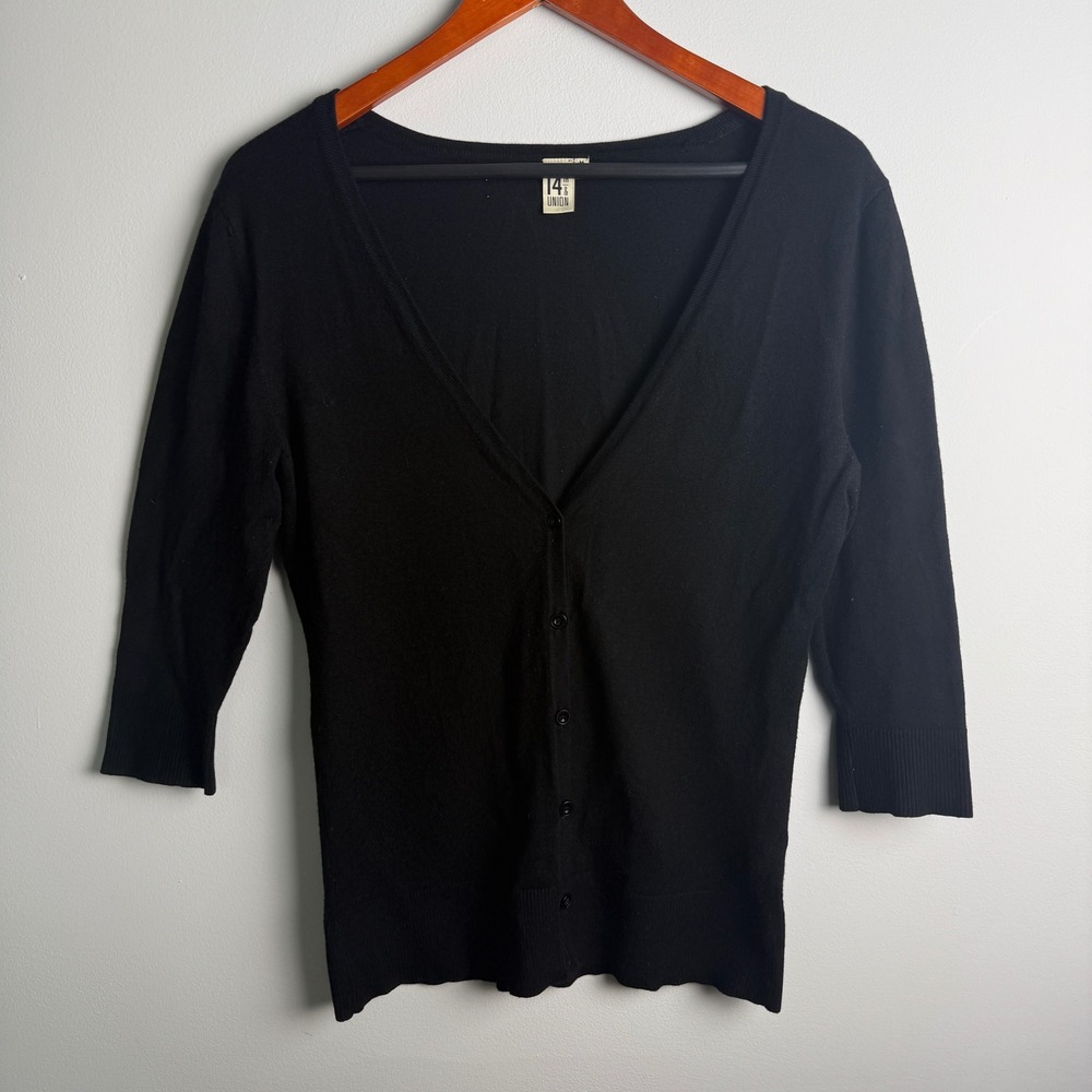 14TH & UNION Cardigan Sweater Women Black 3/4 Sleeve V-Neck Button Front Medium
